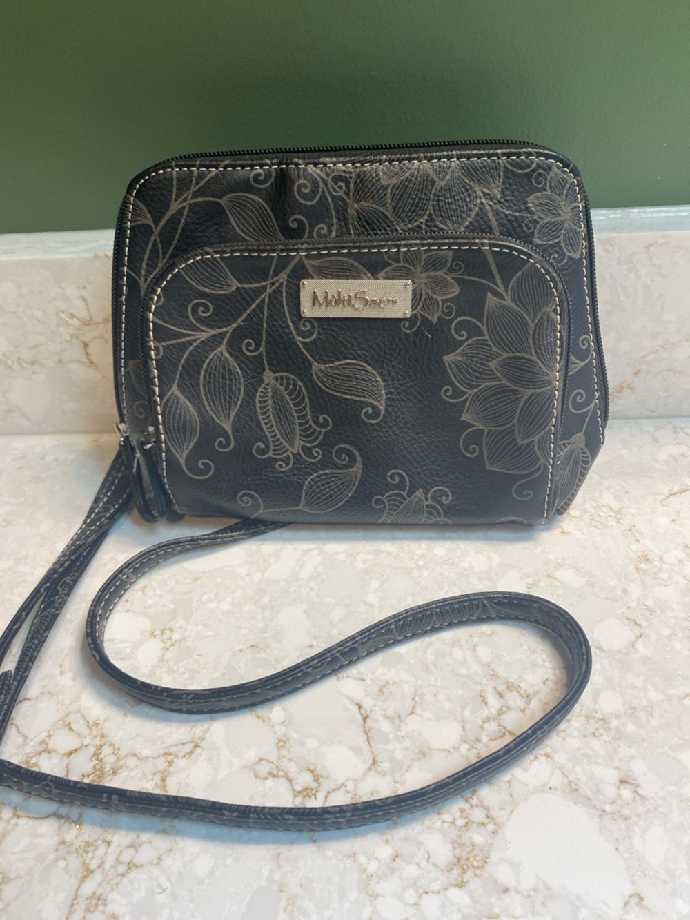 Multisac Black Floral Fabric Crossbody Bag Cream Stitching